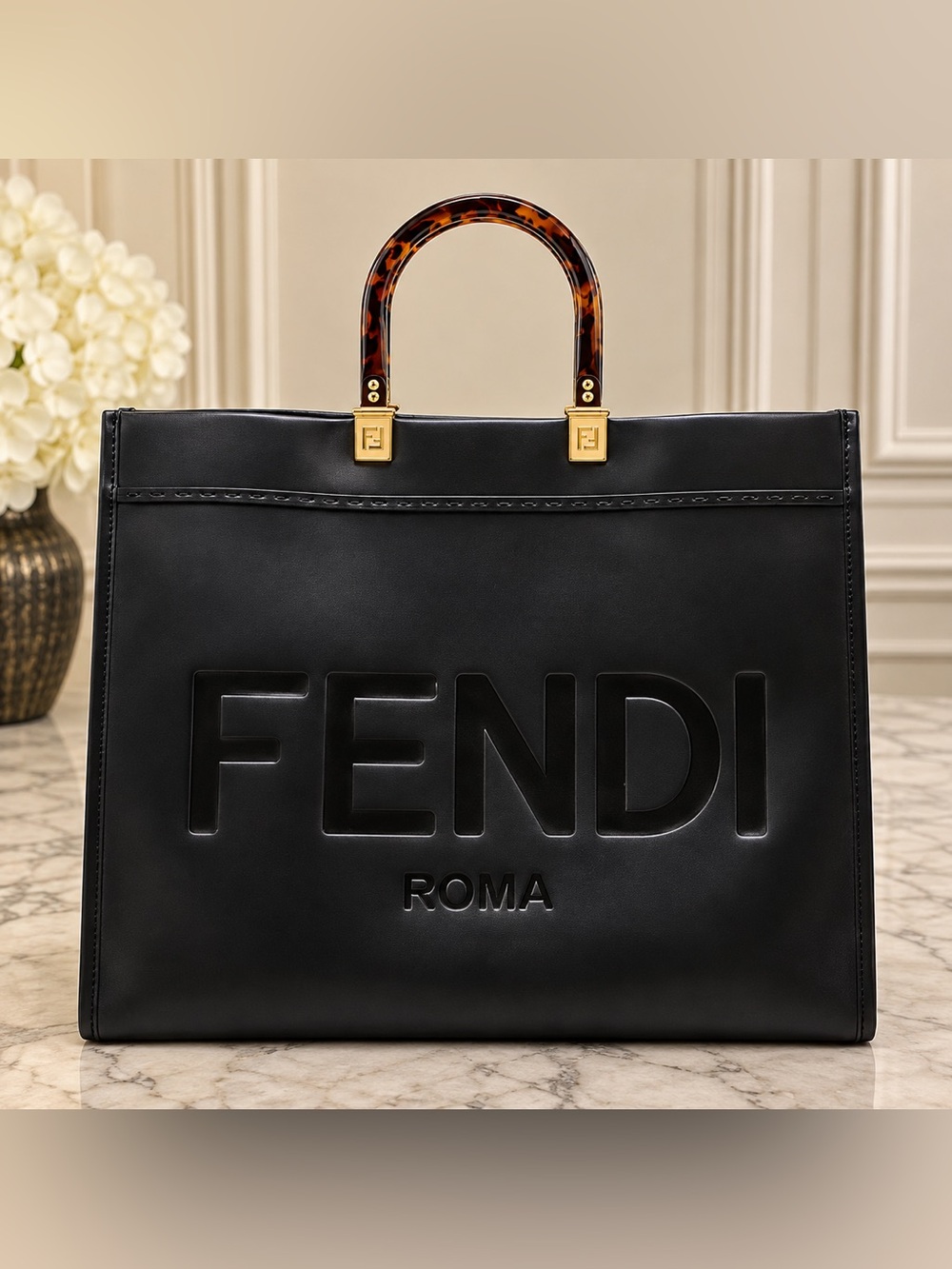 Fendi Sunshine Shopper Medium Black Leather Tortoiseshell Handle Tote